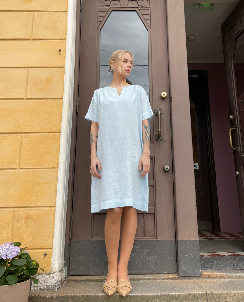 By Basics - Short Linen Dress Light Blue
