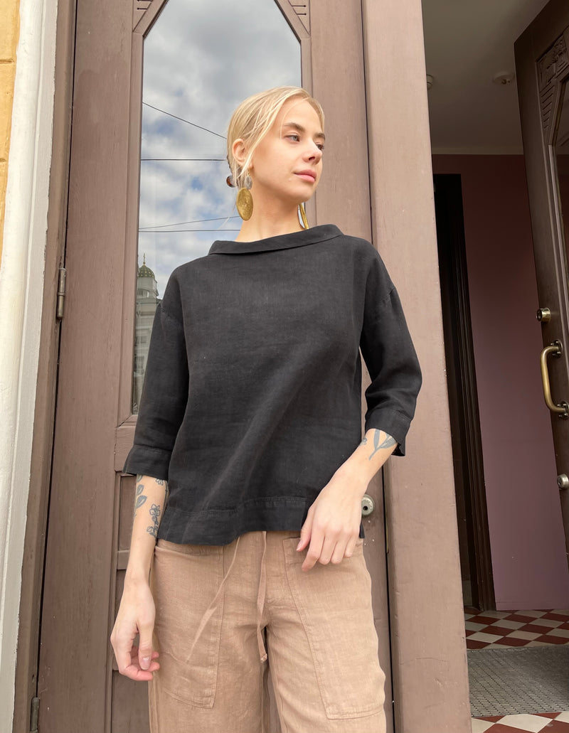 By Basics - Linen Blouse With Collar Black