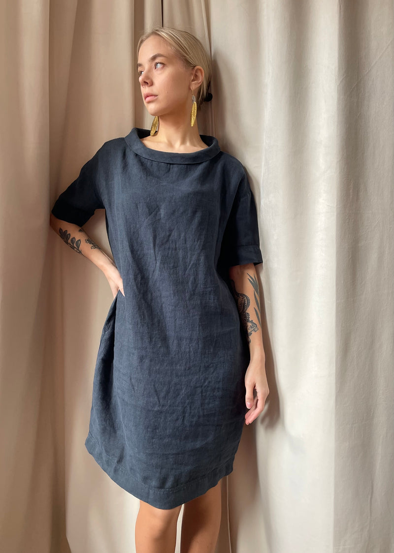 By Basics - Linen Dress With Collar Midnight Blue